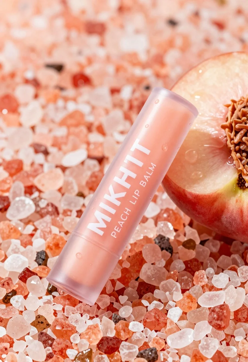 Close up product shot of peach lip balm on pink salt and - AI generated image prompt sample