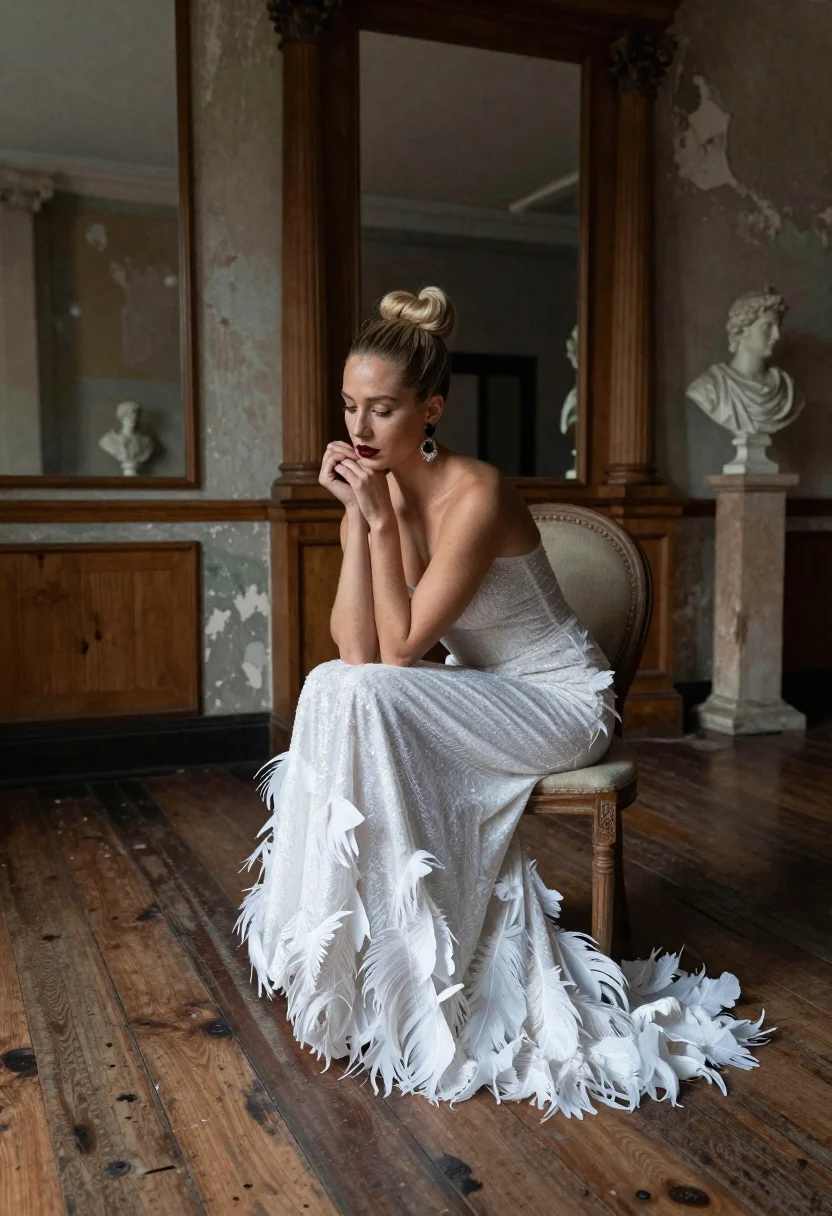 Blonde woman in white feather gown sitting in rustic high ceiling room - AI generated image prompt sample