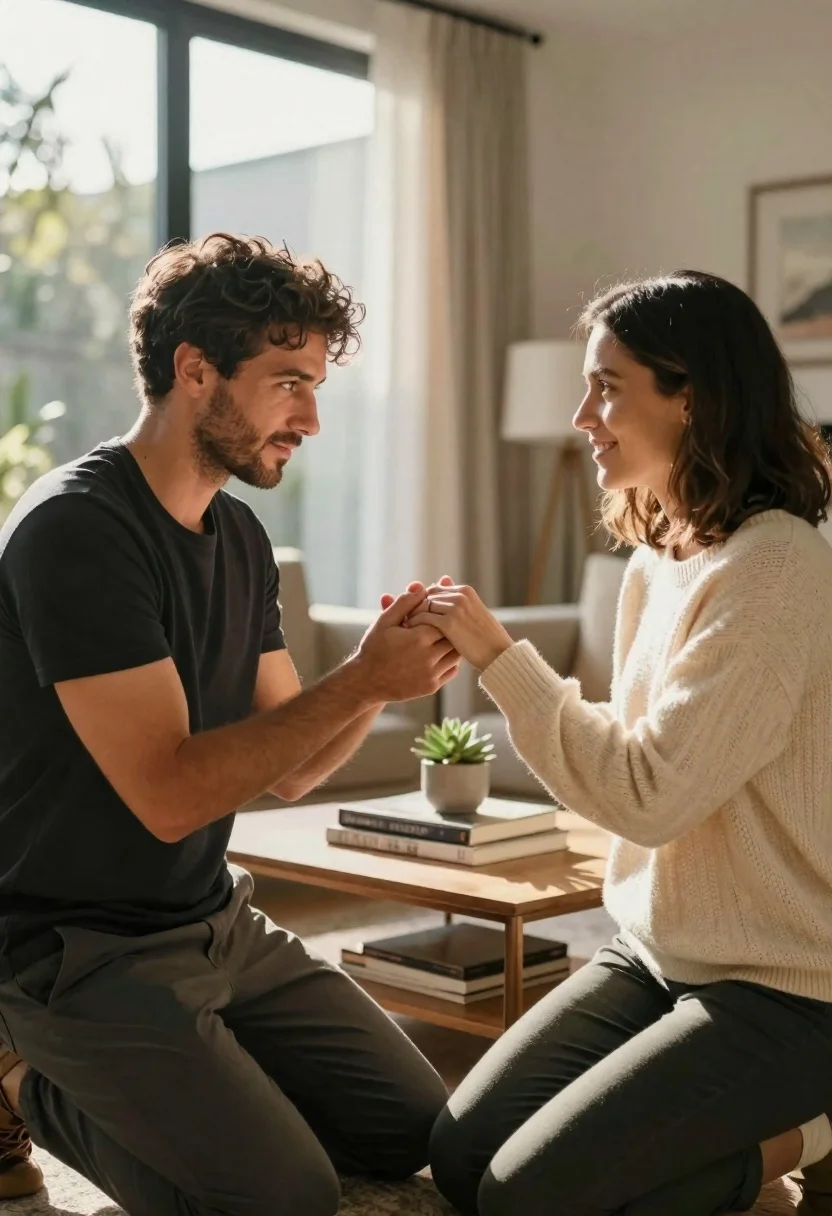 Man holding woman hand in sunlit living room while she smiles - AI generated image prompt sample
