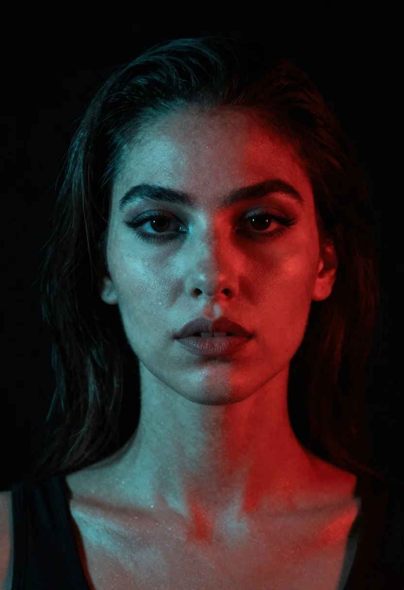 Portrait of woman with dark hair under contrasting colored light - AI generated image prompt sample