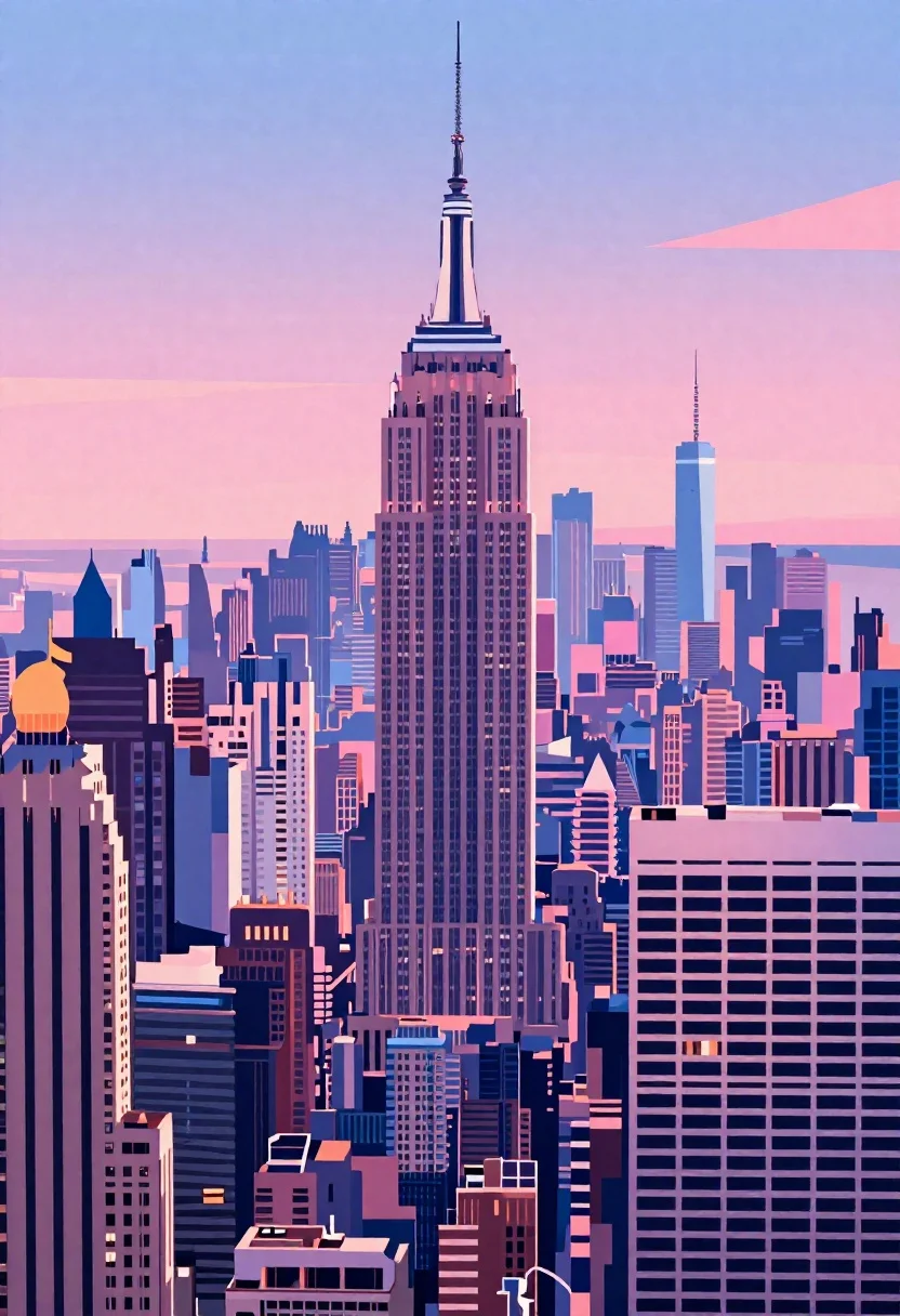 Stylized cityscape skyline with pink and blue tones