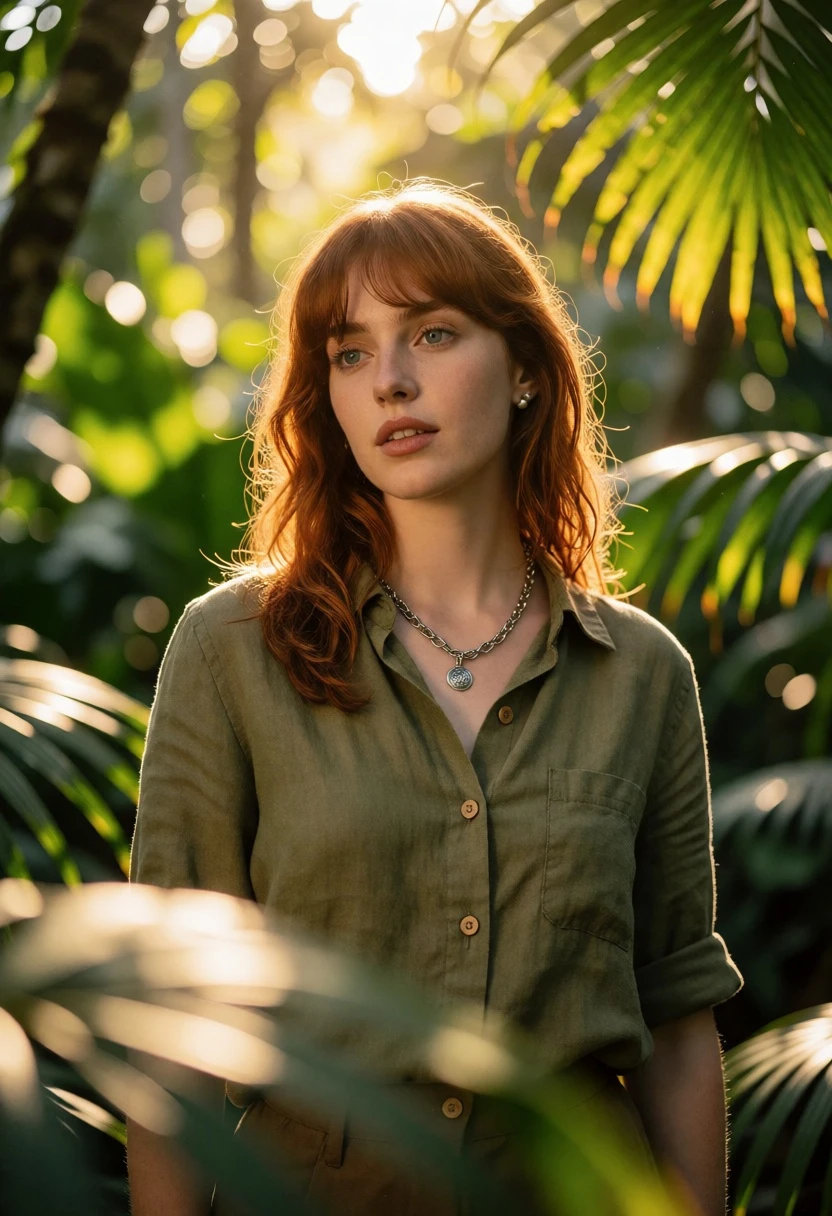 Young woman with reddishbrown hair in sunlit lush jungle setting - AI generated image prompt sample