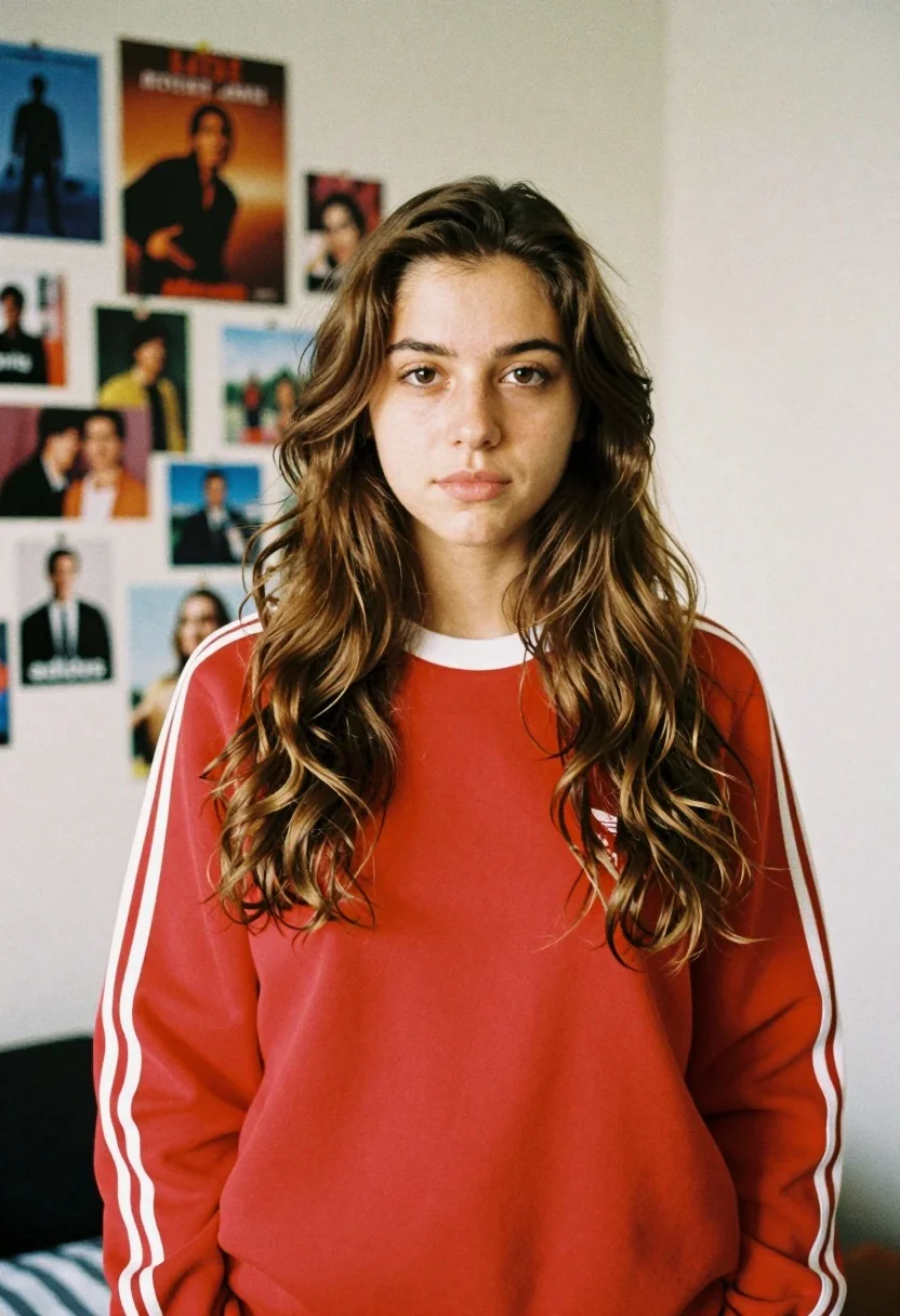 Young woman in red adidas sweatshirt against a collage background - AI generated image prompt sample