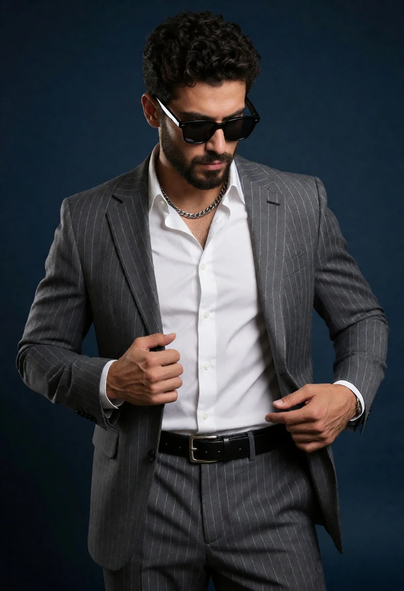 Man in pinstripe suit adjusting jacket against dark blue studio background - AI generated image prompt sample