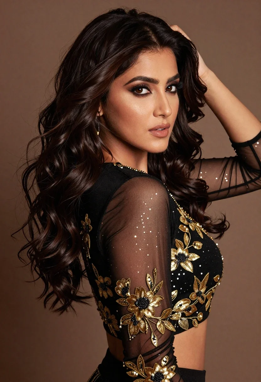 Glamorous portrait of woman with dark wavy hair touching head