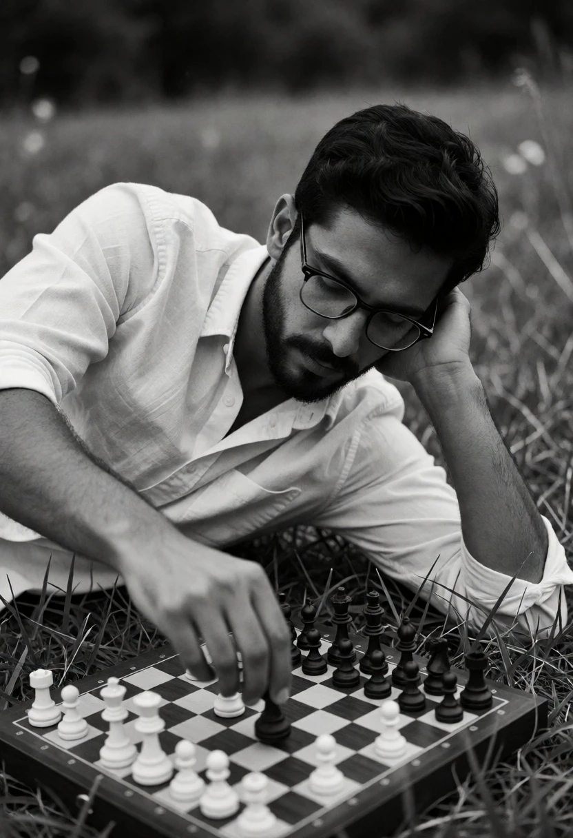 Young man playing chess outdoors in a grassy field from above - AI generated image prompt sample