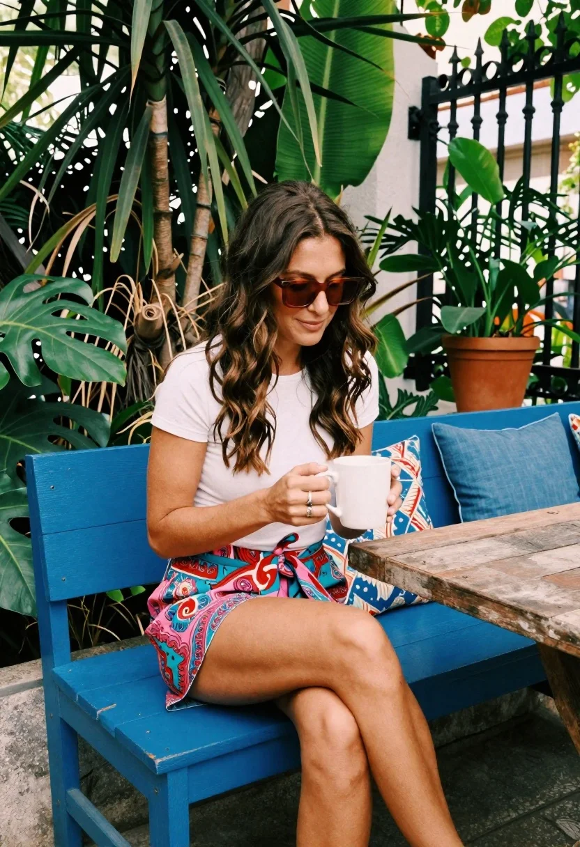 Young woman sitting on blue bench in tropical garden holding white mug