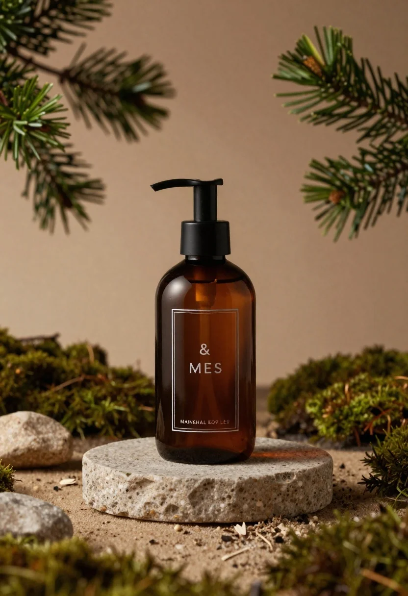 Dark amber glass bottle on stone pedestal surrounded by pine branches - AI generated image prompt sample