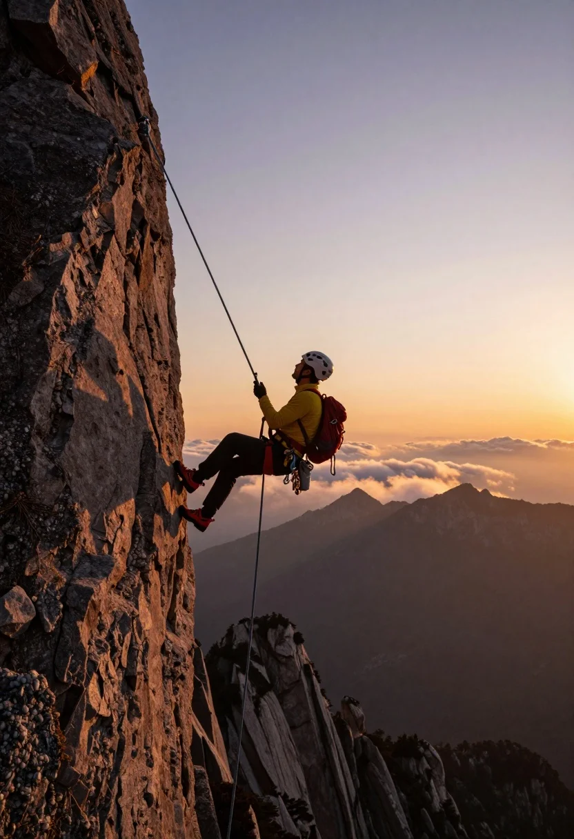 Male rock climber suspended on rope overlooking mountain peaks at sunset - AI generated image prompt sample