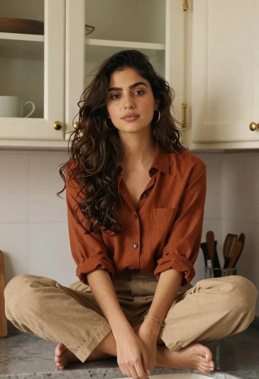 Young woman in rust shirt sitting on kitchen counter with soft light