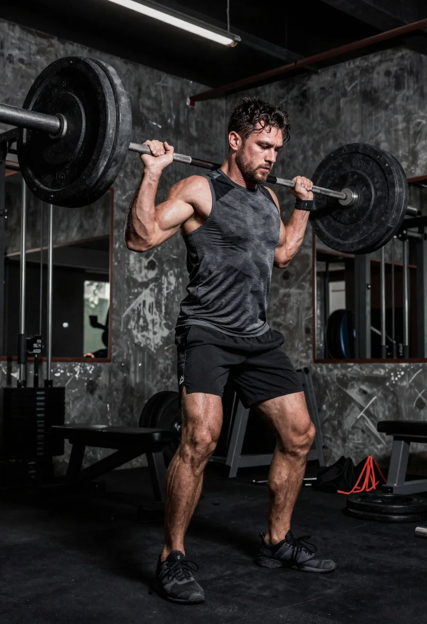 Low angle shot of muscular athlete lifting heavy weights in industrial gym