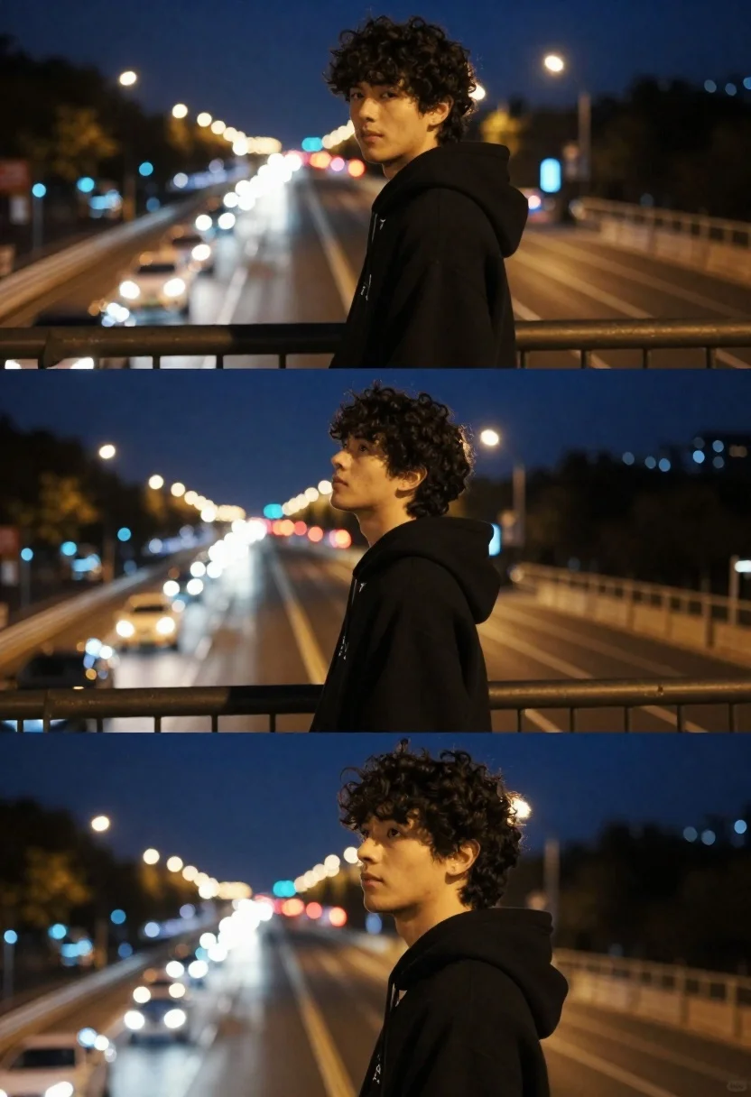 Young man in black hoodie on bridge overlooking busy highway at night - AI generated image prompt sample