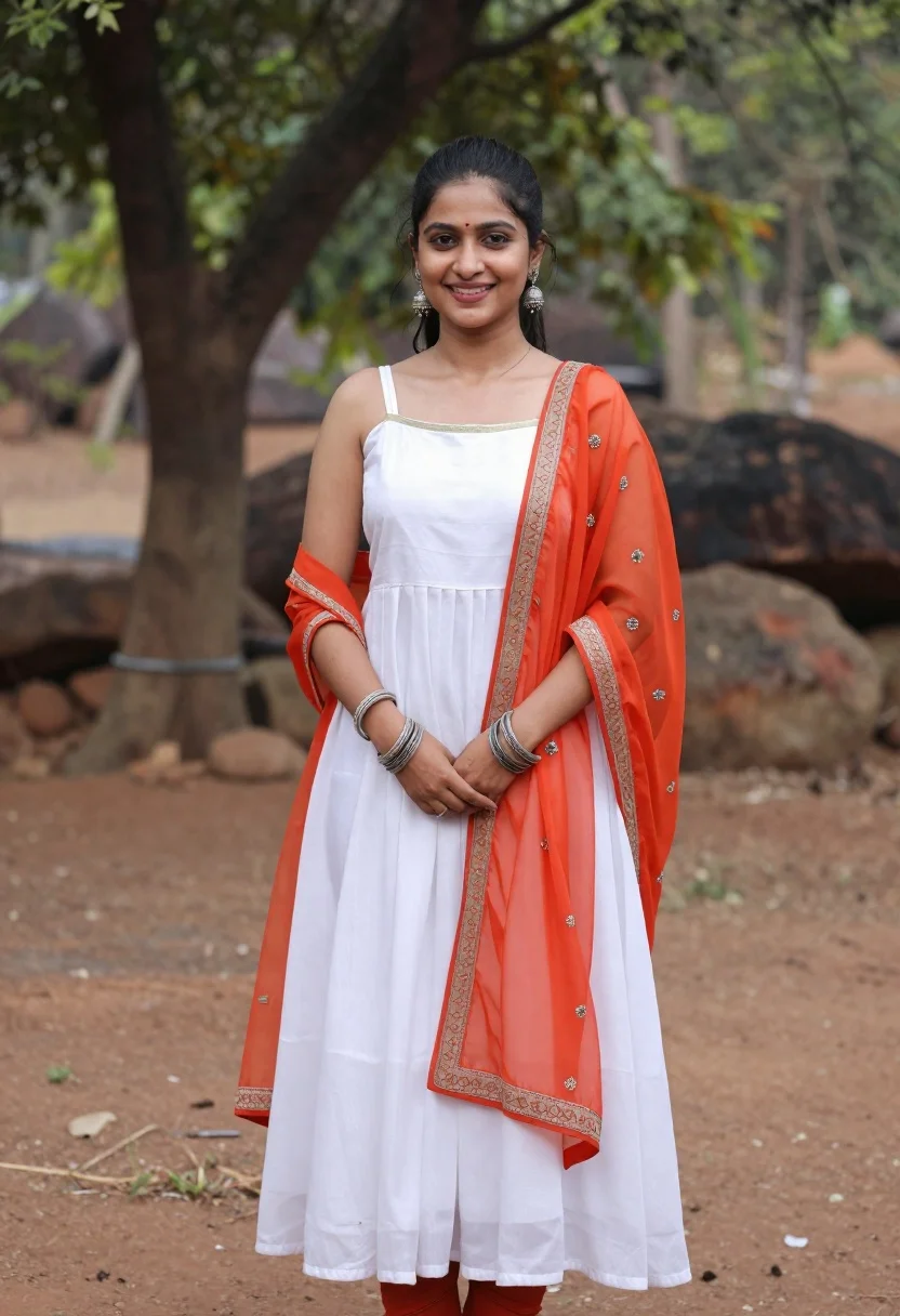 Smiling young woman in white dress outdoors with blurred green trees