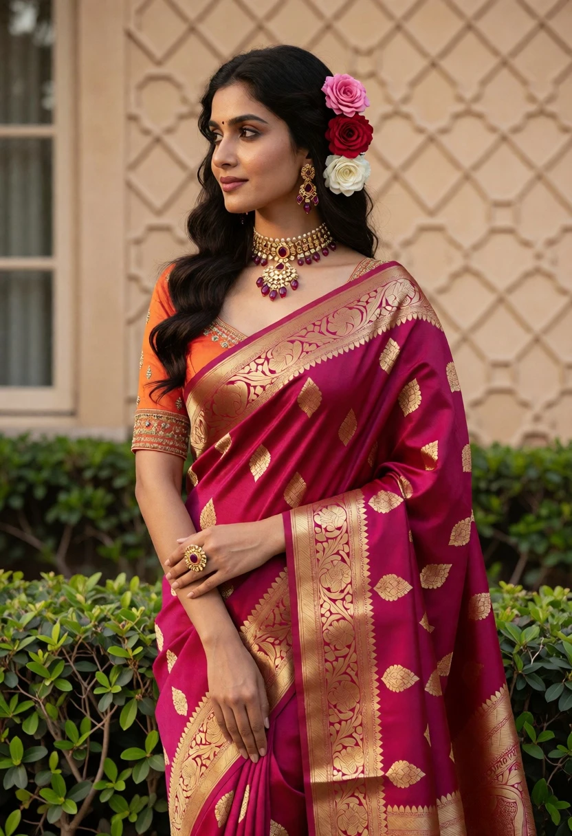 Elegant woman in magenta silk saree standing against beige patterned wall - AI generated image prompt sample