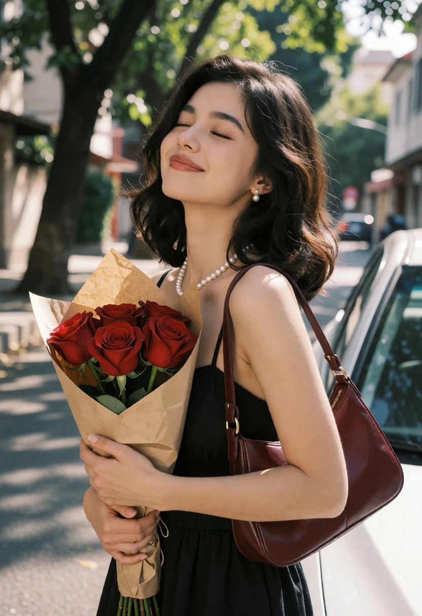 Young woman with dark wavy hair holding red roses near a white - AI generated image prompt sample
