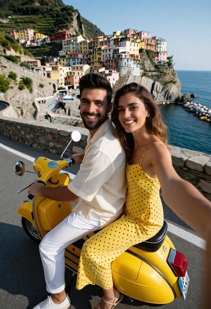 Couple on yellow scooter by colorful cliffside village overlooking deep blue sea - AI generated image prompt sample