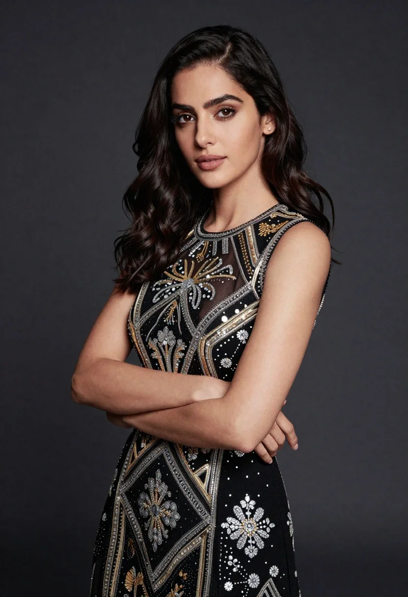 Confident woman in black embroidered dress against dark grey studio backdrop