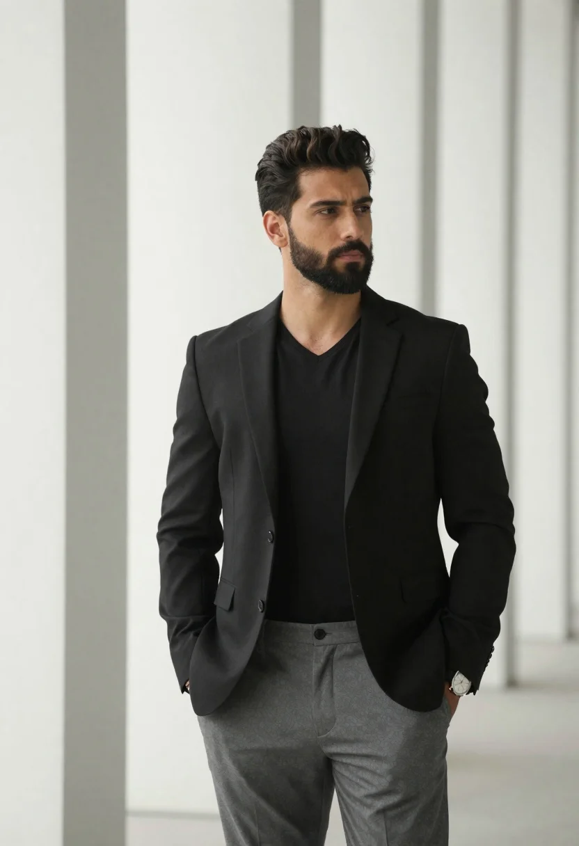 Portrait of man in black blazer against white pillars