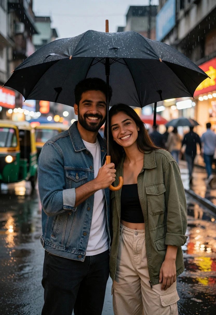 Smiling couple under black umbrella on wet city street during rain - AI generated image prompt sample