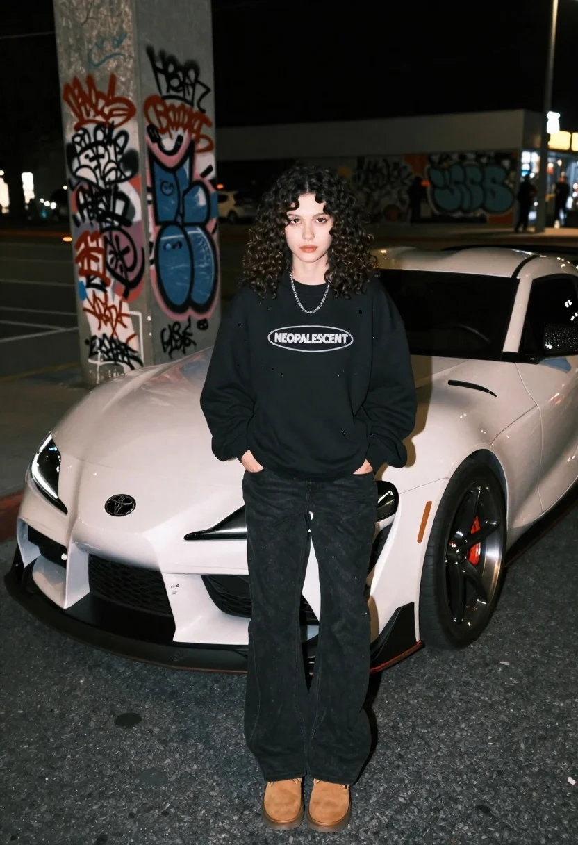Young woman leaning on white sports car street at night - AI generated image prompt sample