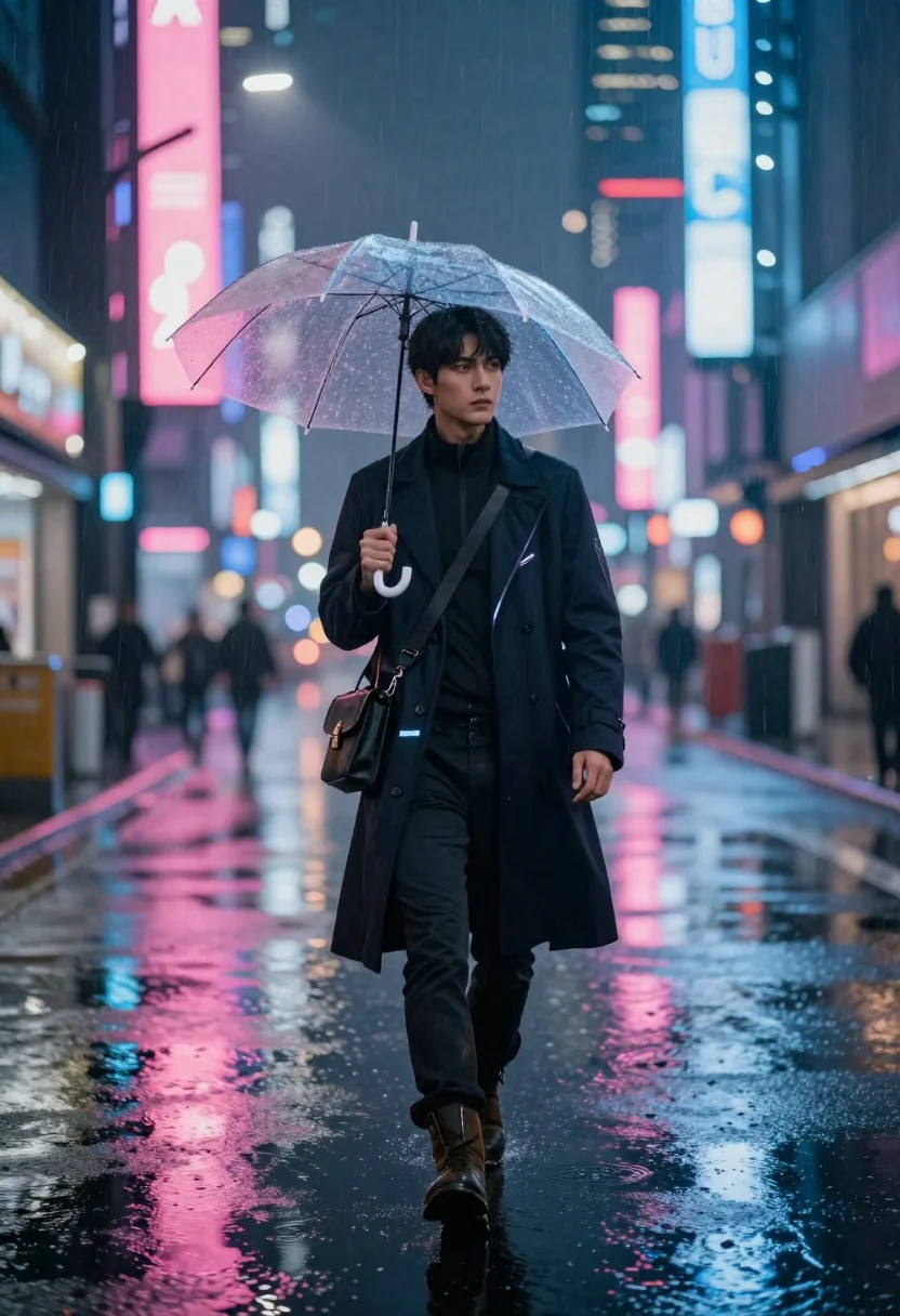 Futuristic traveler walking on wet neon street at midnight