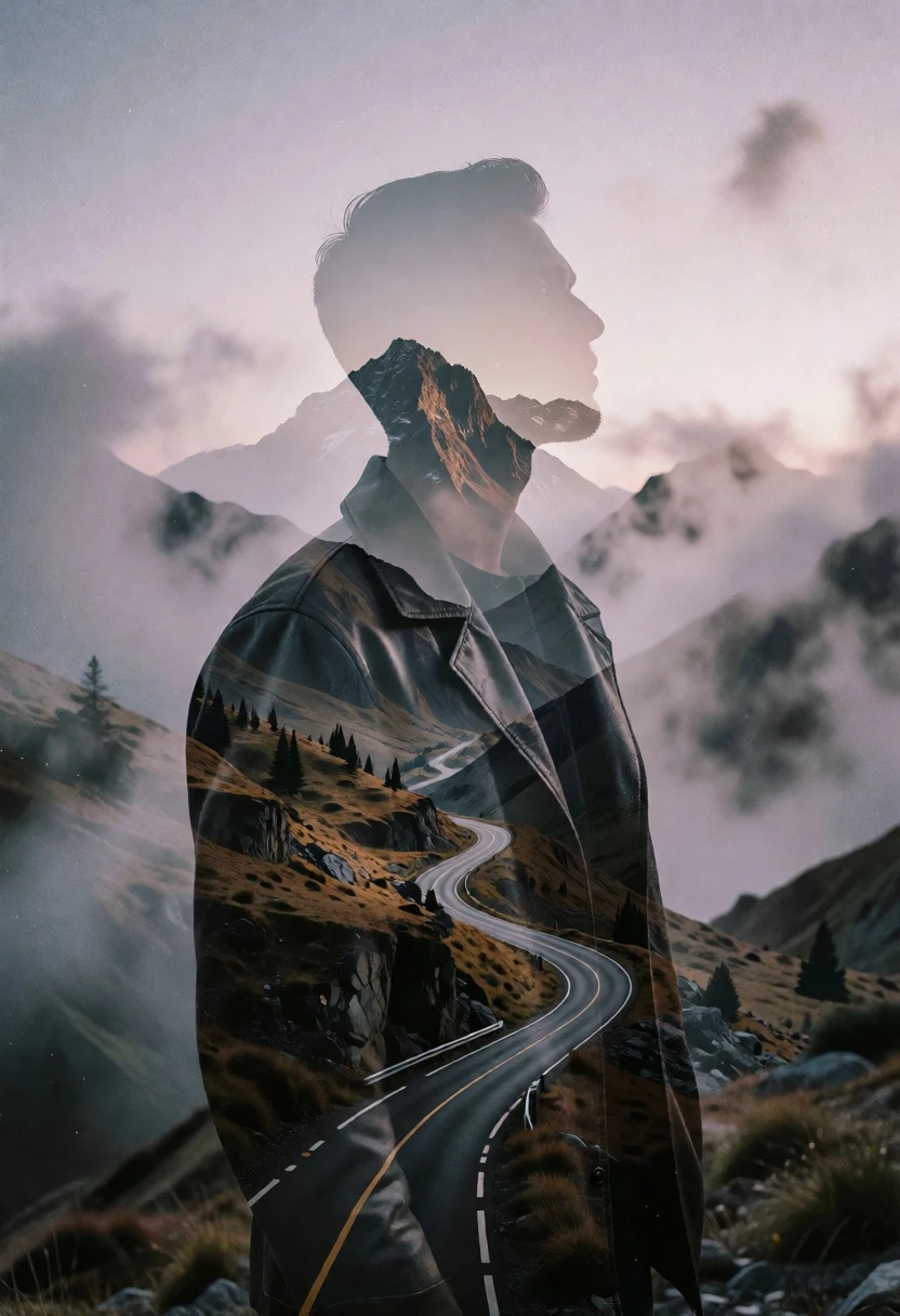 Surreal double exposure silhouette filled with mountain landscape and road - AI generated image prompt sample