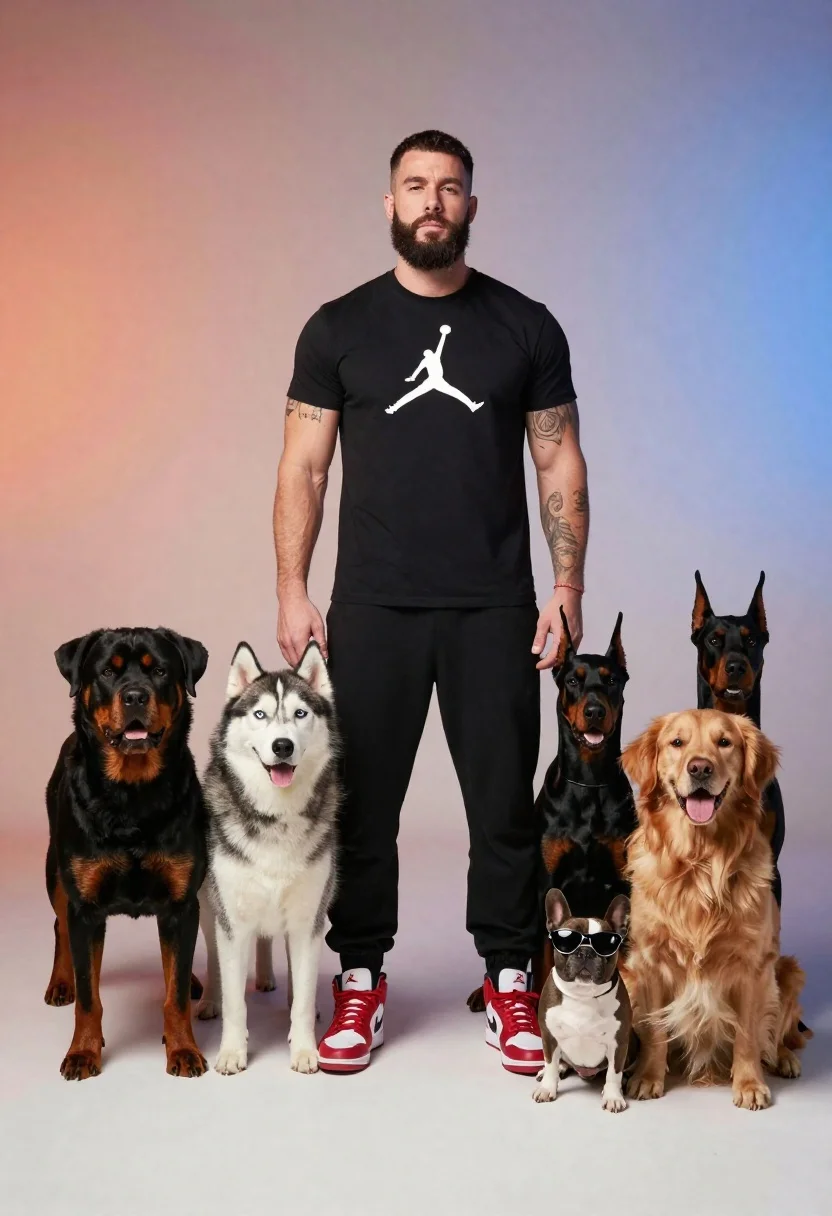 Man standing with five dogs against gradient background