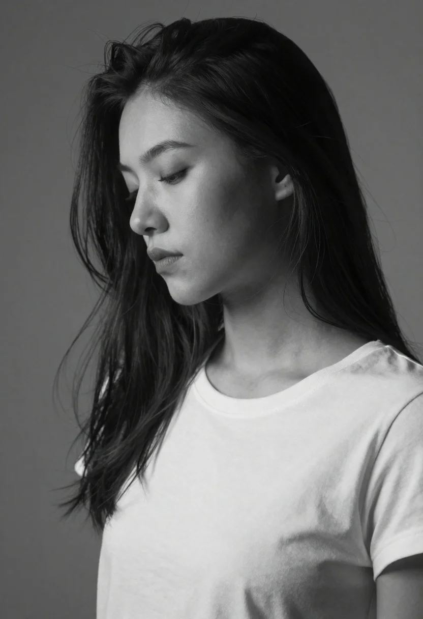 Grayscale portrait of woman with flowing hair in studio light - AI generated image prompt sample
