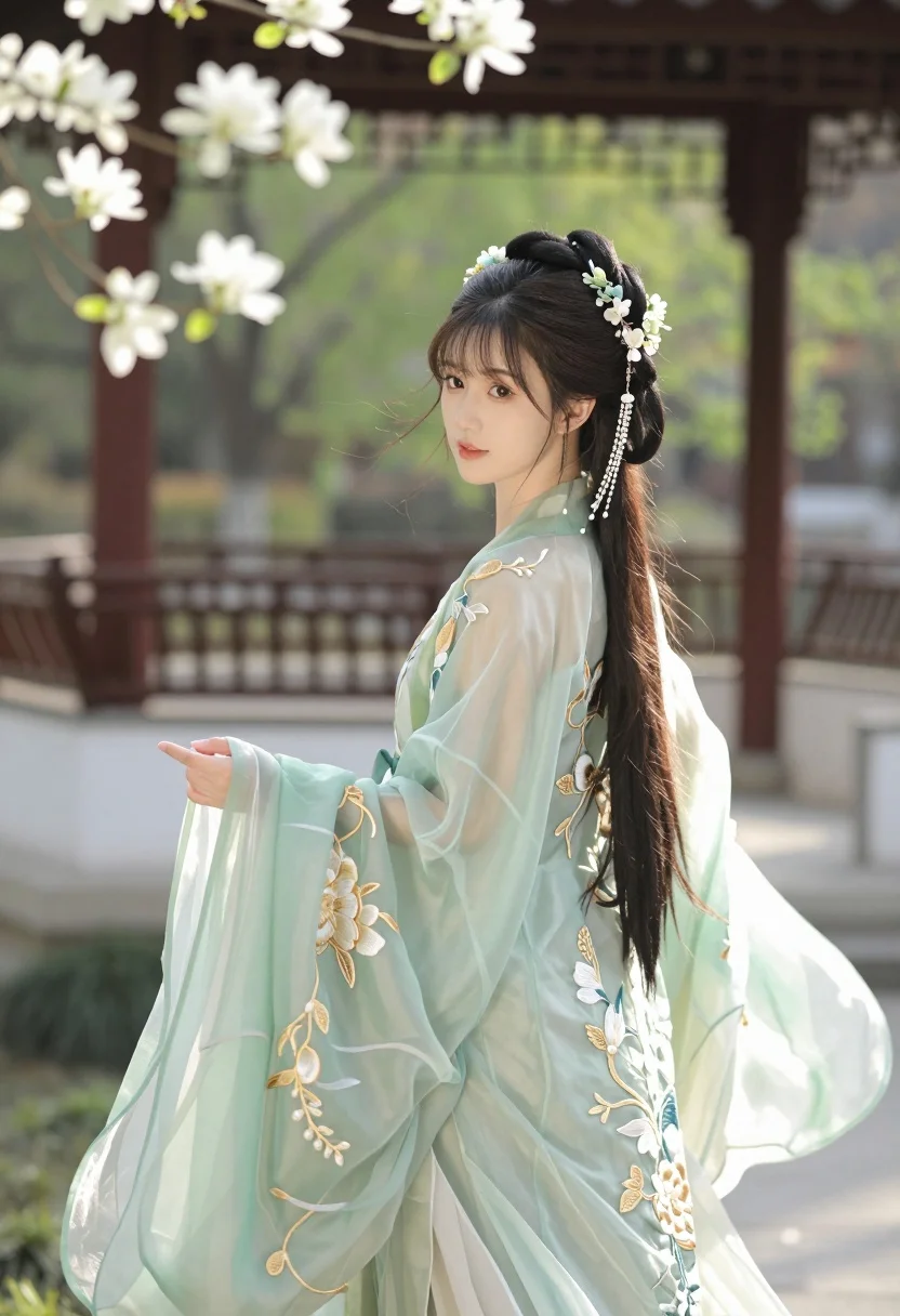 Young east asian woman in pale green hanfu gown in serene garden - AI generated image prompt sample