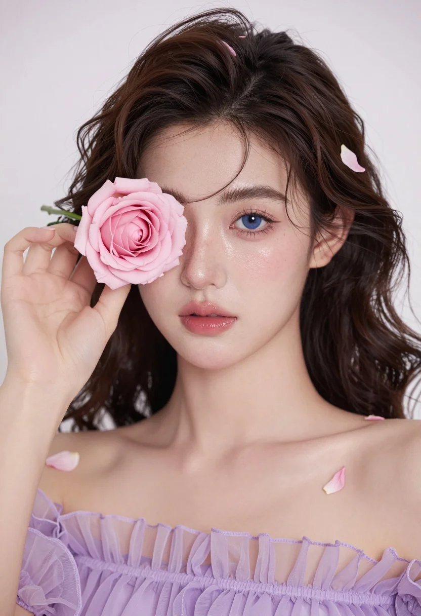 Close up portrait of young woman holding pink rose near eye against - AI generated image prompt sample