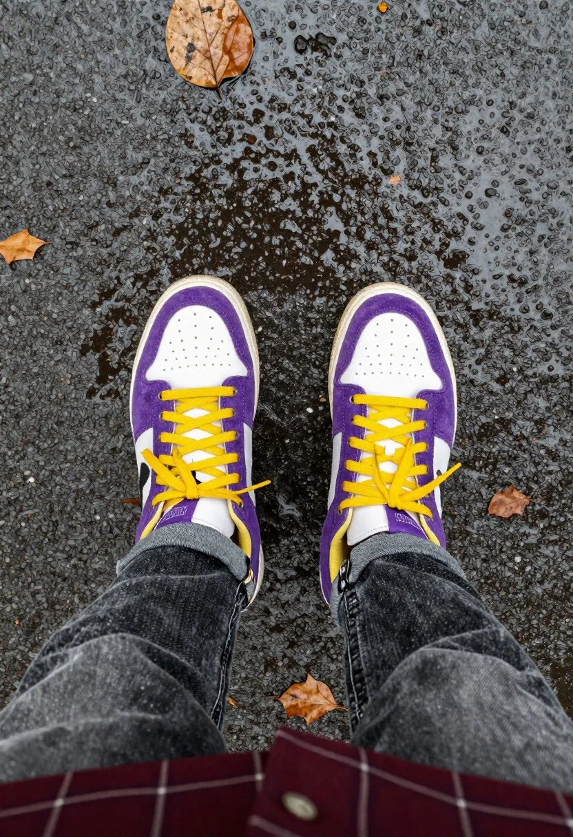 Sneakers on wet pavement with autumn leaves
