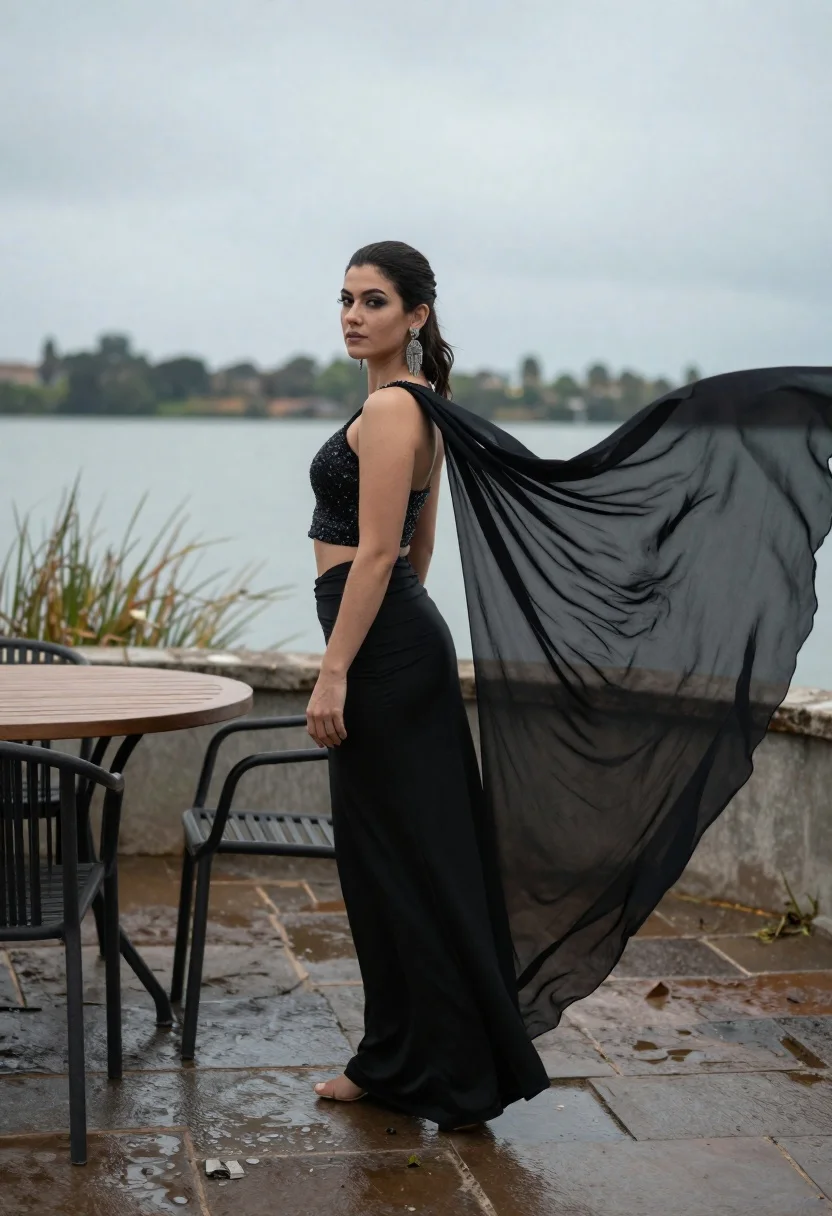 Woman in black sequined outfit on wet stone terrace by calm lake