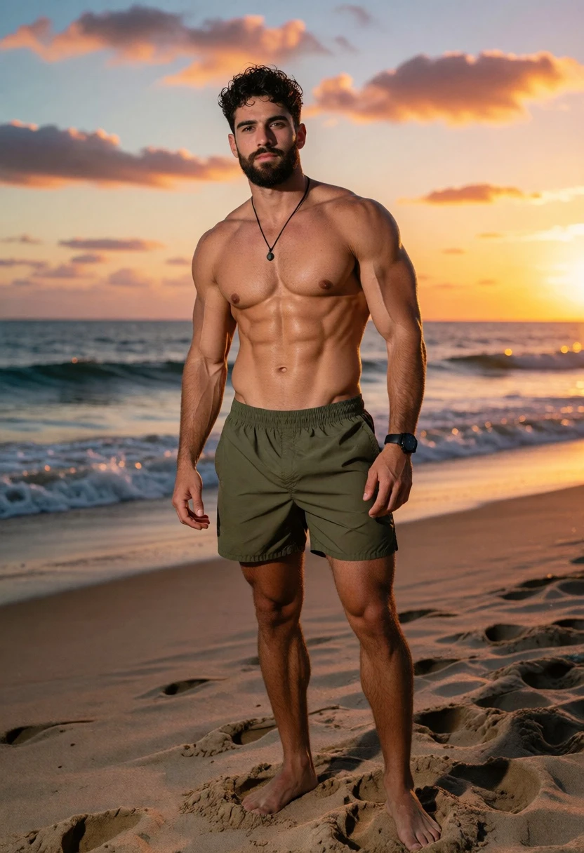 Muscular man standing barefoot on sandy beach at sunset by ocean waves - AI generated image prompt sample
