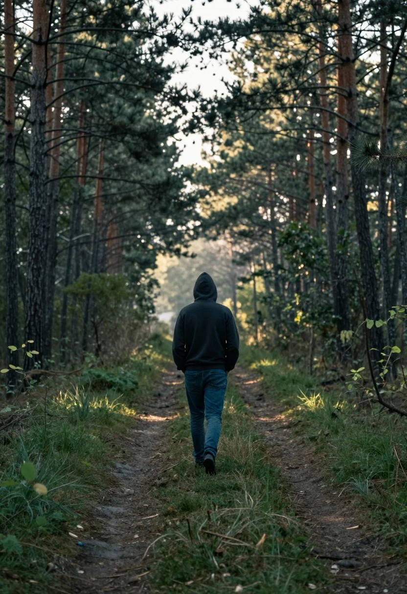 Solitary man walking away down a grassy path through dense pine forest - AI generated image prompt sample