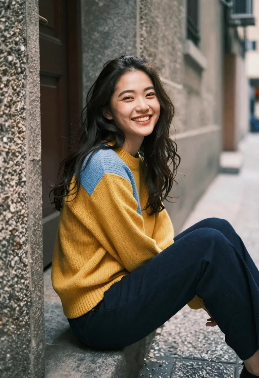 Joyful young woman with dark hair sitting on stone step in urban