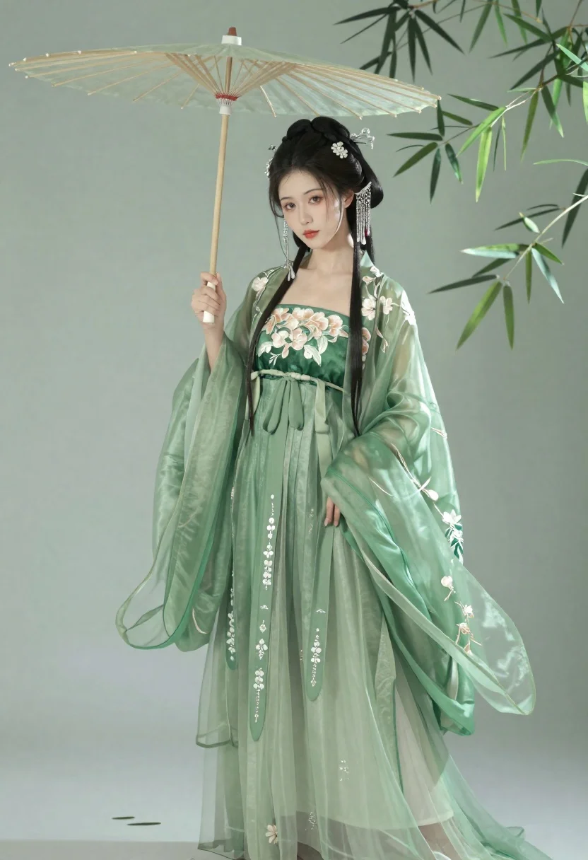 Woman in green hanfu dress among bamboo leaves - AI generated image prompt sample