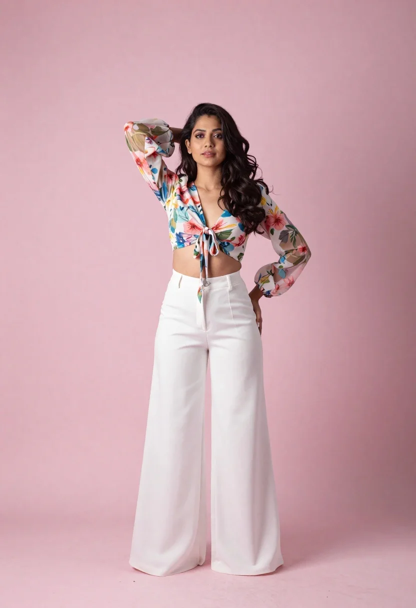 Full body studio portrait of woman in floral top and white trousers