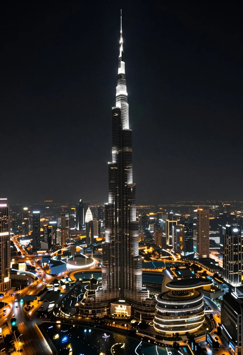 High angle aerial view of burj khalifa towering over illuminated cityscape at - AI generated image prompt sample