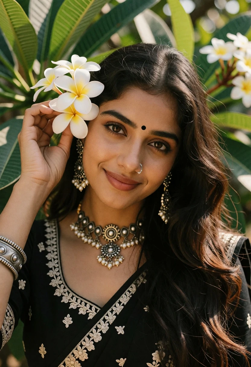 Close up portrait of young woman with flowers in lush tropical garden - AI generated image prompt sample