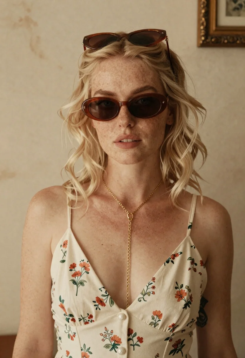 Freckled woman in sundress against aged wall backdrop