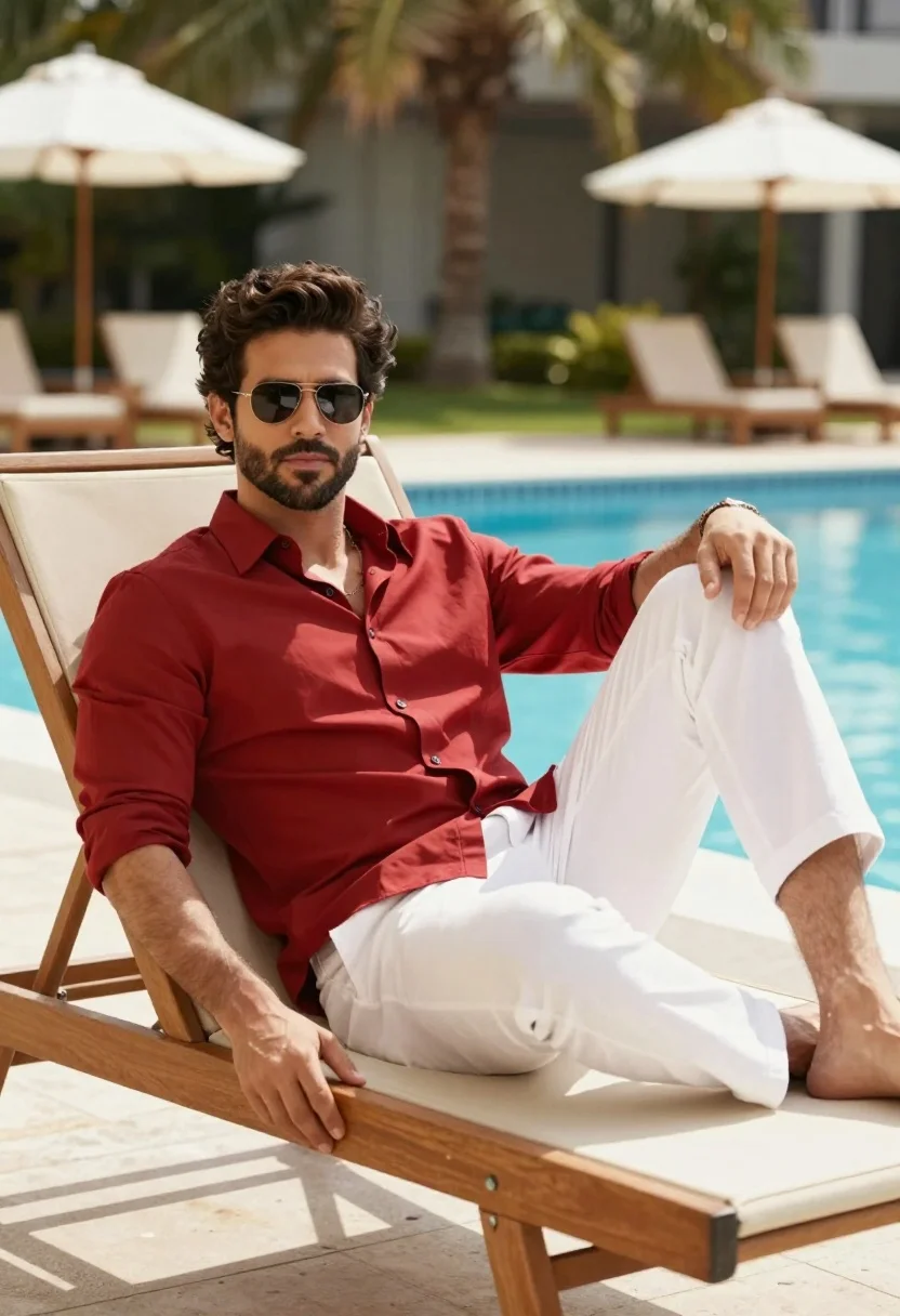 Handsome man relaxing by blue swimming pool in red shirt - AI generated image prompt sample