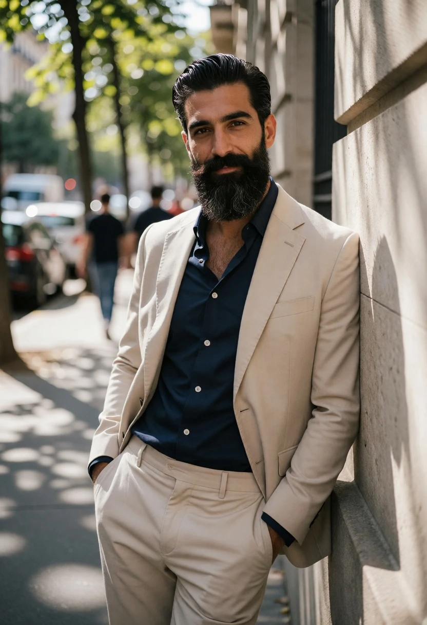 Man in beige suit leaning against stone wall on a city sidewalk - AI generated image prompt sample