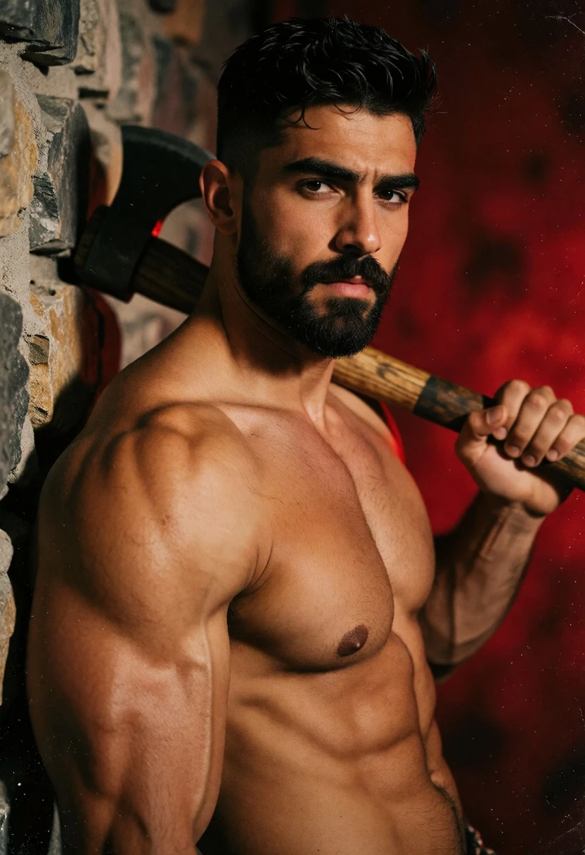 Muscular man with axe leaning against stone wall dramatic portrait - AI generated image prompt sample