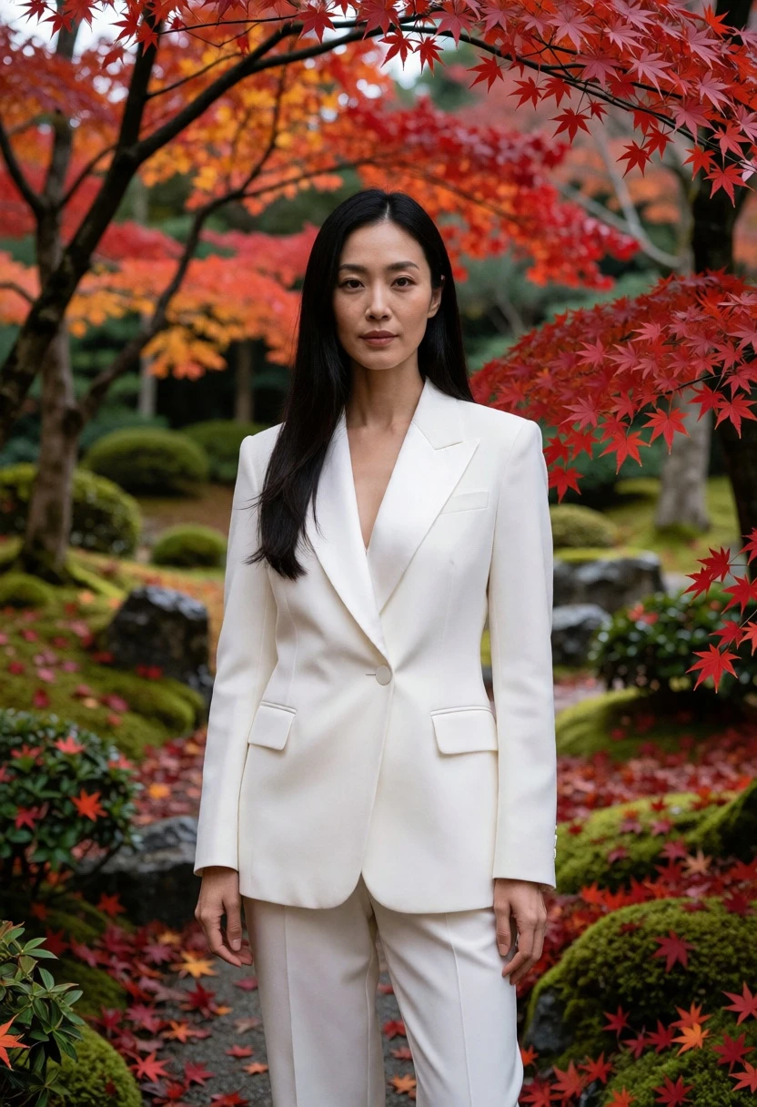 Woman in white suit standing amidst vibrant red maple trees in japanese - AI generated image prompt sample
