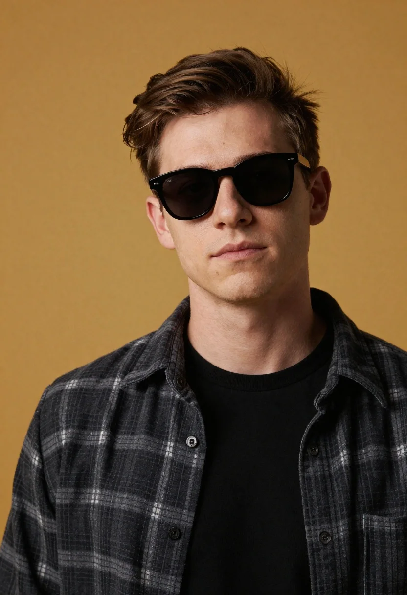 Studio portrait of young man with sunglasses against yellow