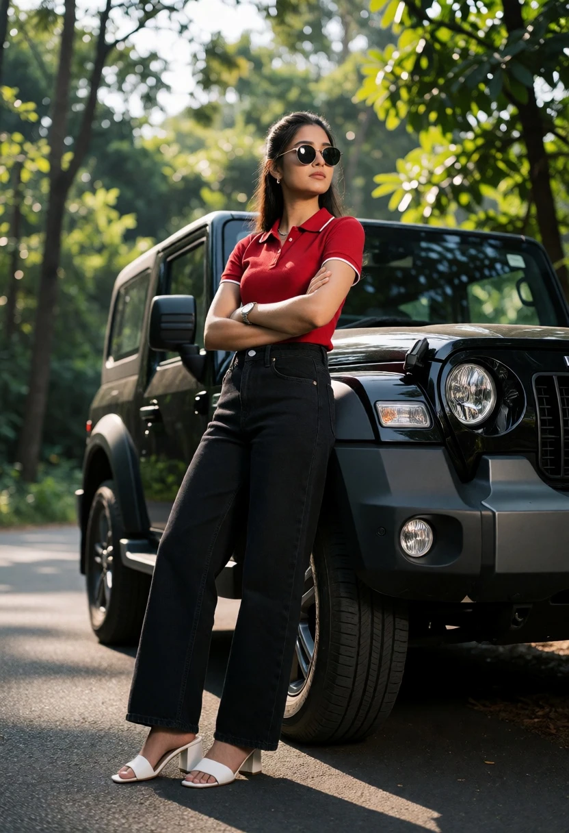 Young woman leaning on black suv on paved road surrounded by green - AI generated image prompt sample