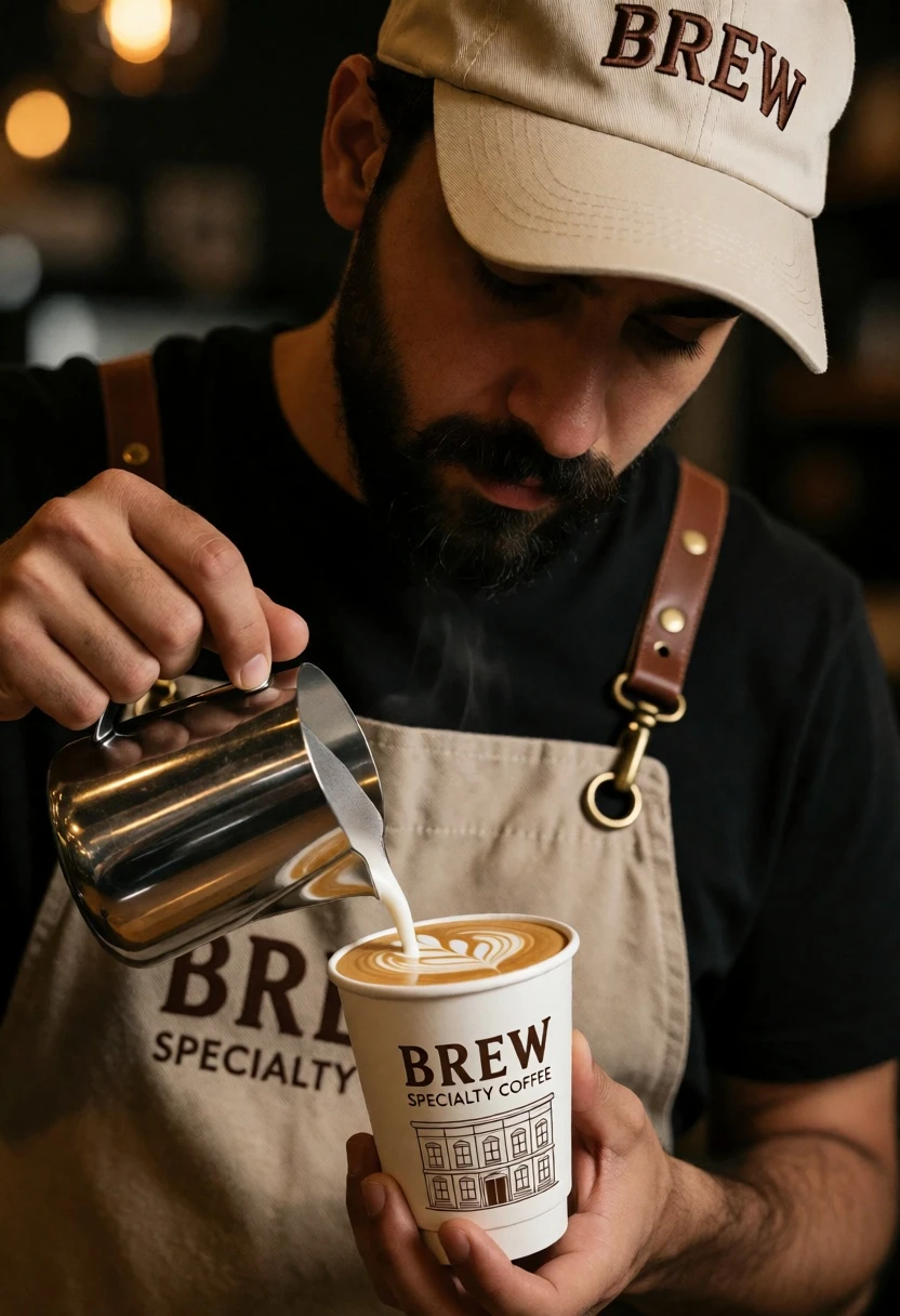 Barista pouring latte art into cup in cafe setting with warm bokeh - AI generated image prompt sample
