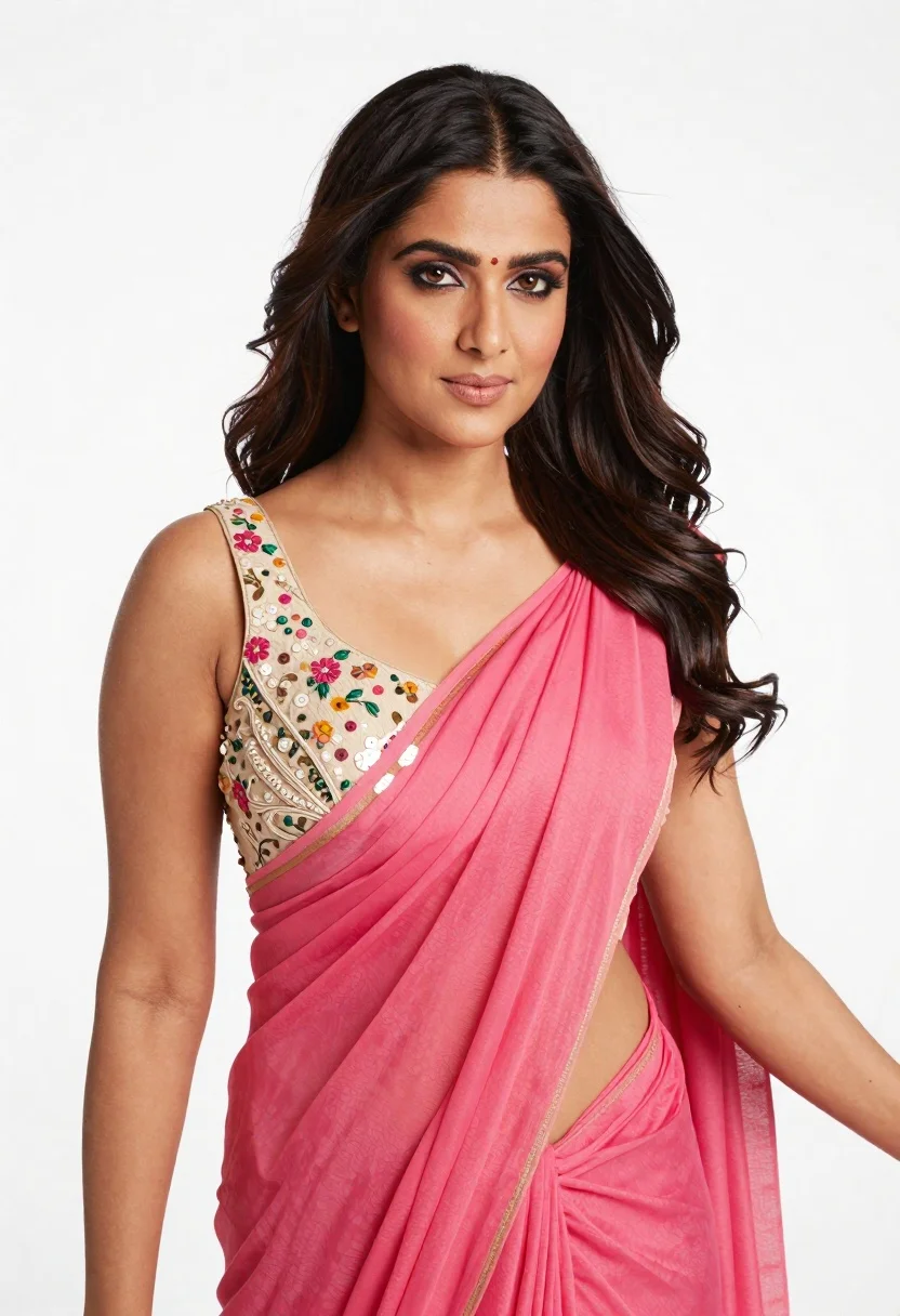 Poised woman in pink saree against a plain white studio background