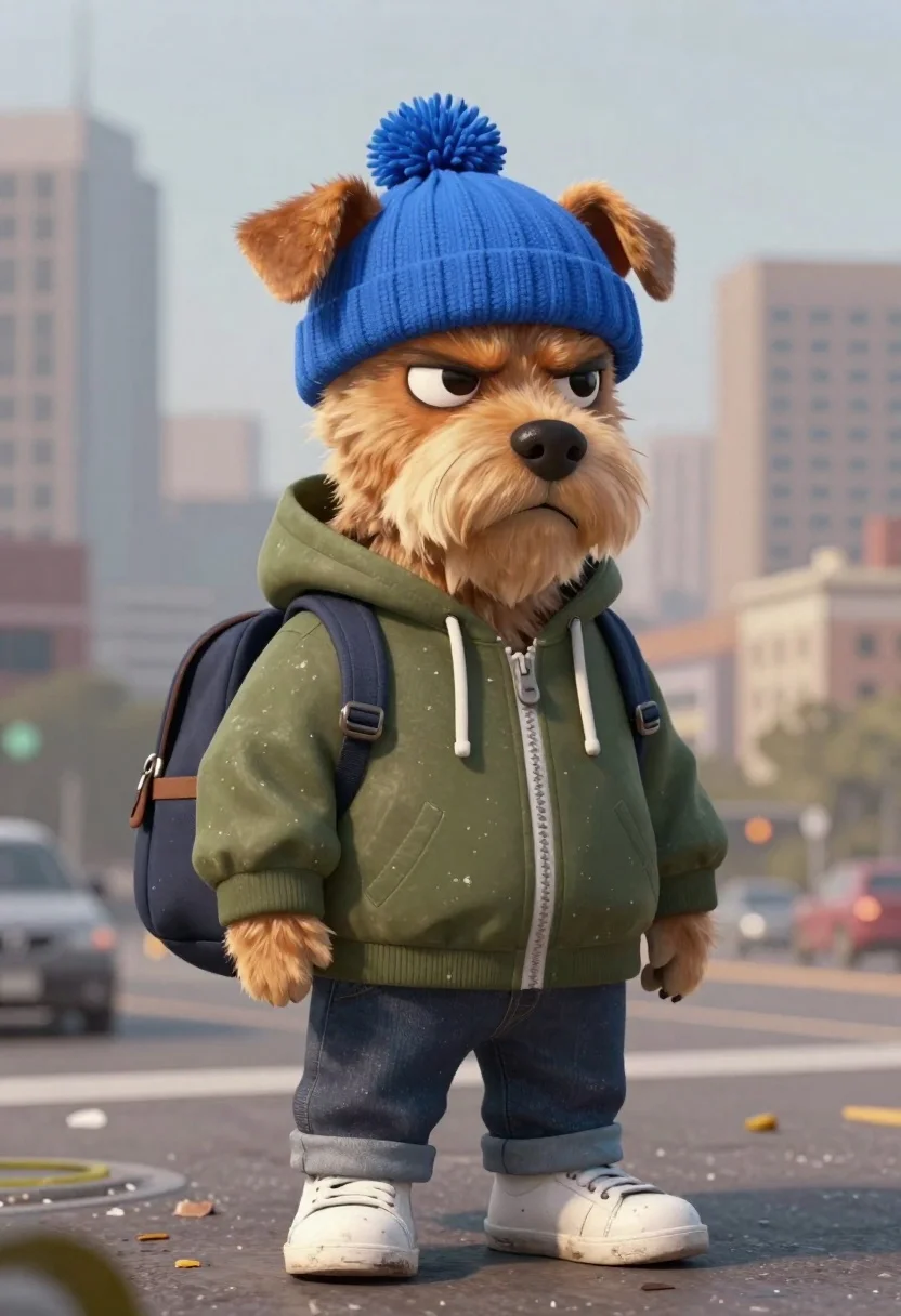 Grumpy dog in blue hat against city skyline