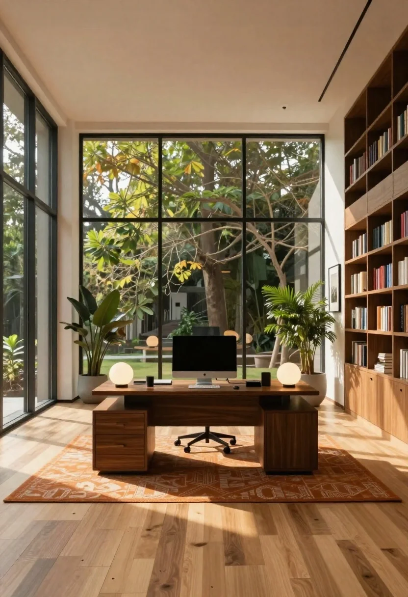 Minimalist office interior with large windows and green trees